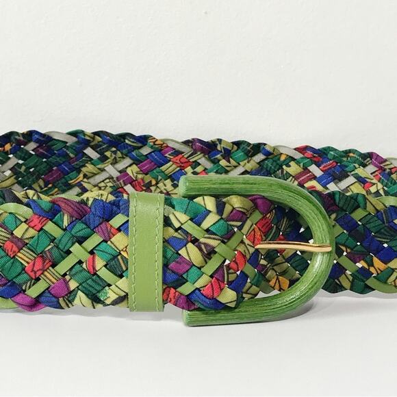 Vintage Ritz Bright Bamboo Buckle Lime Green Purple Woven Braided Belt Tropical - Picture 5 of 15